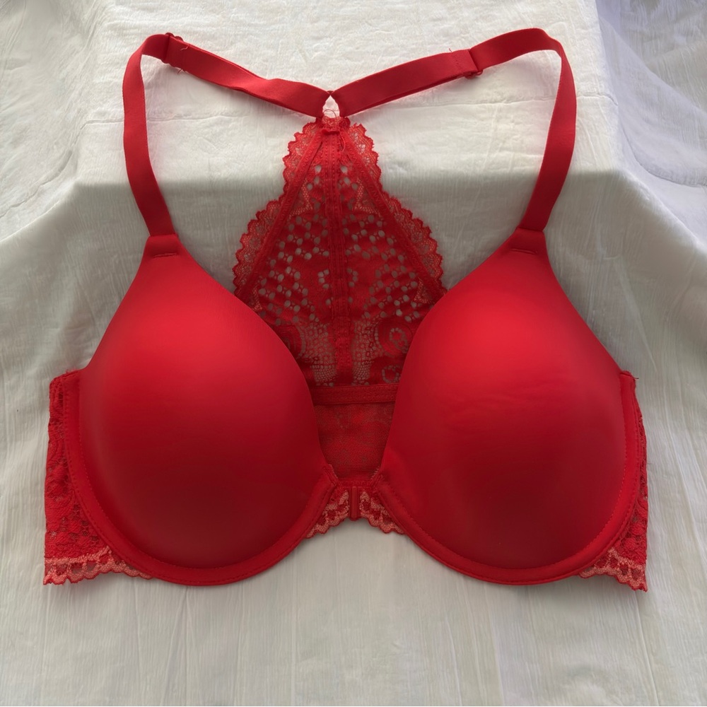 Maidenform New One Fab Fit Red / Coral 34C Lace T-Back / Racerback Bra NWOT